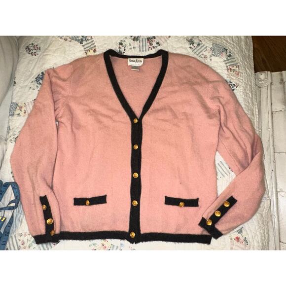 VINTAGE NEIMAN MARCUS PINK BLACK BORDERED CASHMERE CARDIGAN SWEATER L - Picture 2 of 7